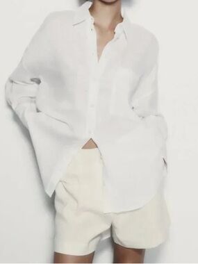 ZARA - Women’s White Linen Button-Down Shirt - Classic Long Sleeve